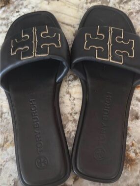 Tory Burch Black Slide Sandals with Gold Logo Trim